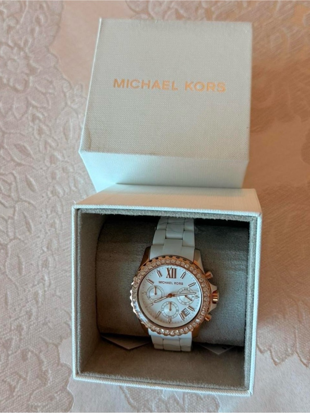 Michael Kors White and Rose Gold Crystal-Accent Chronograph Watch